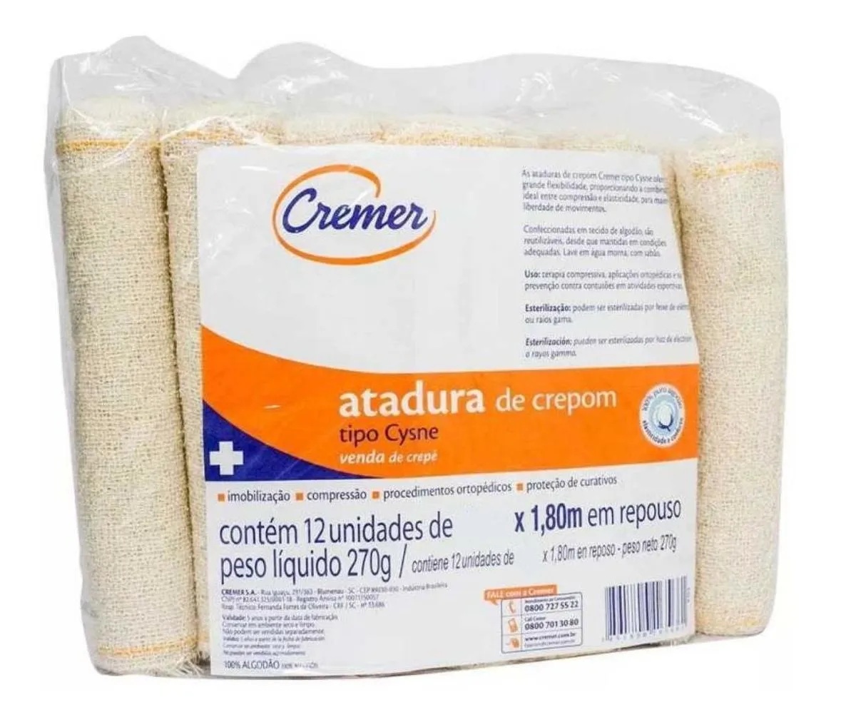 ATADURA CREPOM CYSNE CREMER 10CM X1,8M EM REPOUSO