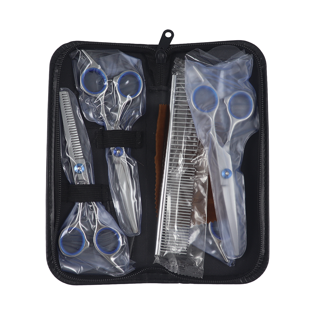 KIT PROFISSIONAL DE TESOURAS PARA TOSA PET EM AÇO INOX – 5 PEÇAS COM ESTOJO