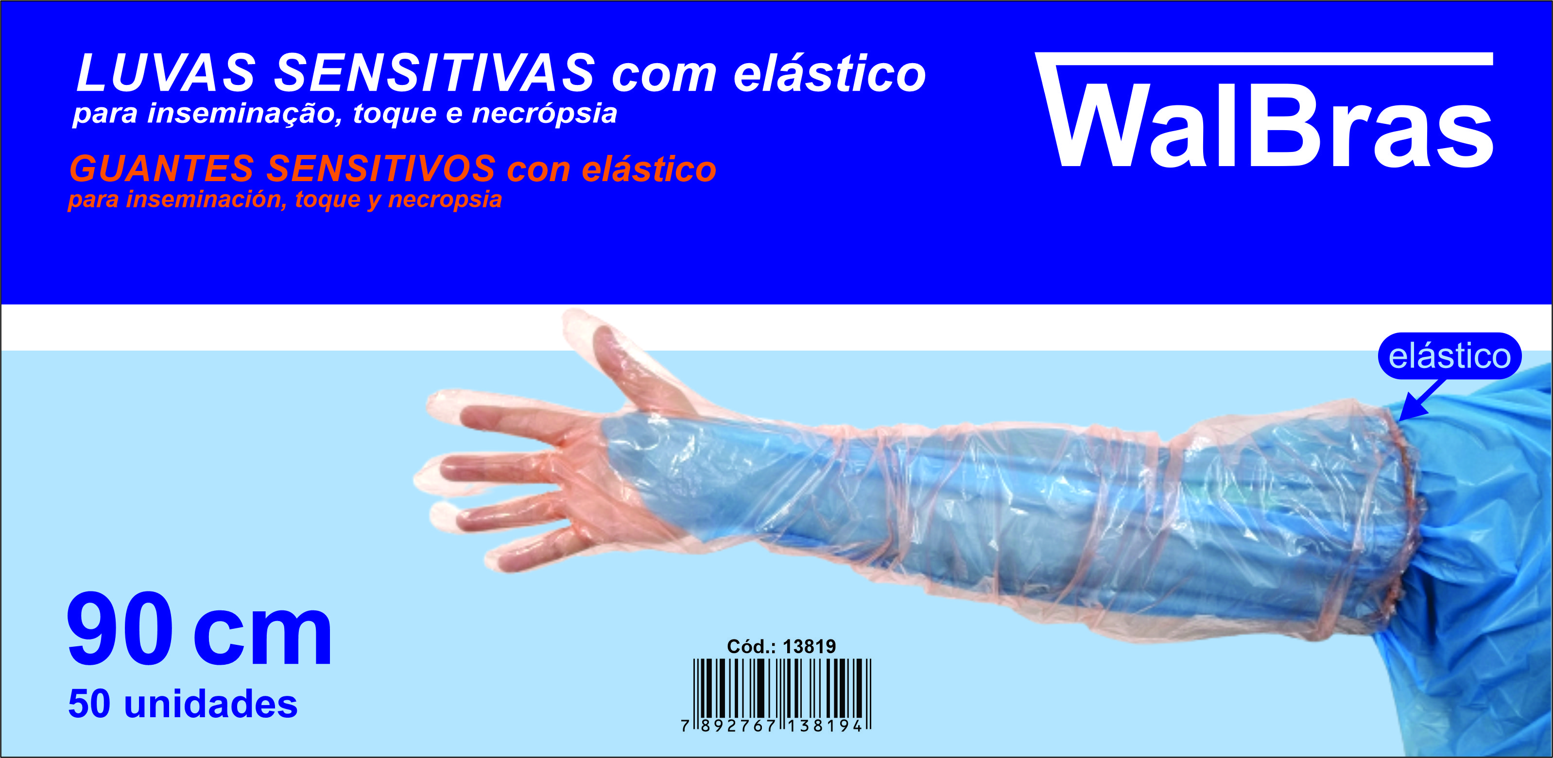 LUVAS DESCARTÁVEIS SENSITIVAS COM ELÁSTICO WALBRAS 90CM P/ INSEMINAÇÃO ARTIFICIAL E APALPAÇÃO