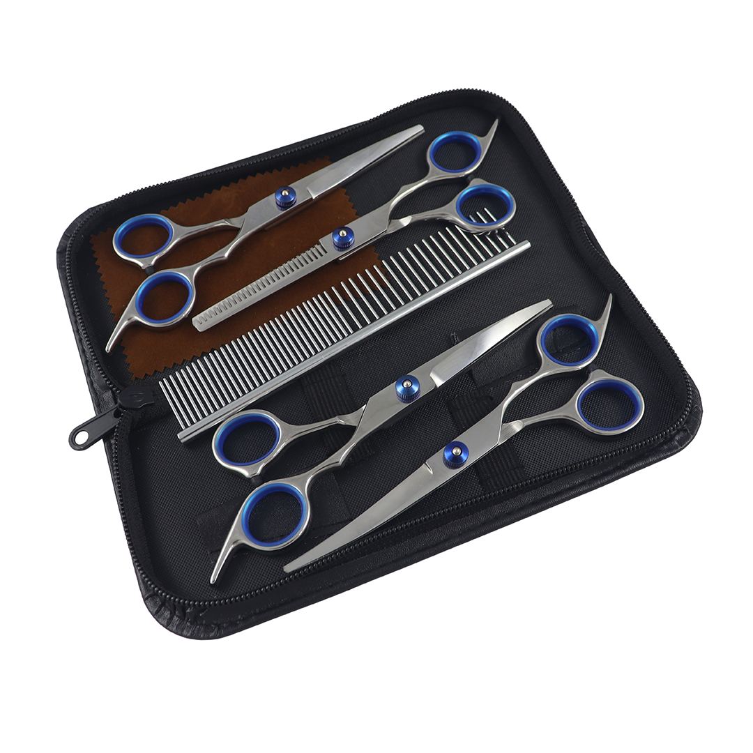 KIT PROFISSIONAL DE TESOURAS PARA TOSA PET EM AÇO INOX – 5 PEÇAS COM ESTOJO