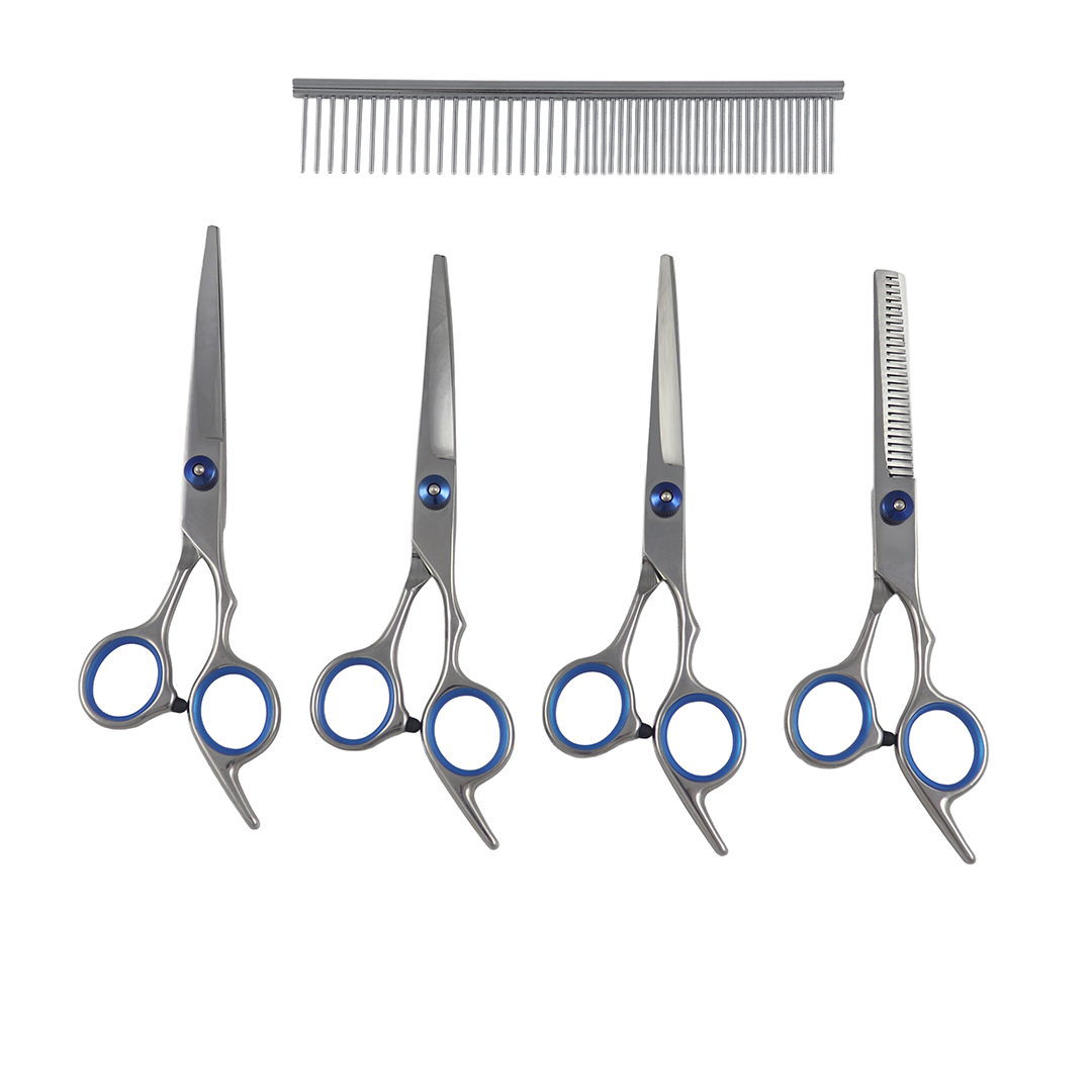 KIT PROFISSIONAL DE TESOURAS PARA TOSA PET EM AÇO INOX – 5 PEÇAS COM ESTOJO