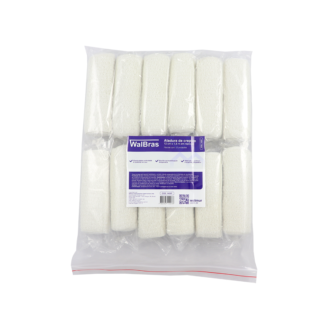 ATADURA CREPOM WALBRAS 12 CM X 1,8 M EM REPOUSO – PACOTE COM 12 UNIDADES