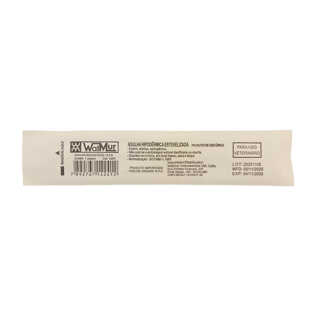 Agulha Hipodérmica Descartável 13 X 09 20G X 1/2" para uso veterinário