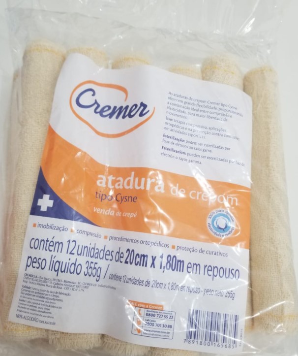 ATADURA CREPOM CYSNE CREMER 20CM X1,80M EM REPOUSO